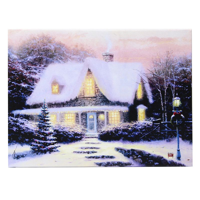 40 X 30cm Operado Navidad Led Snowy Cottage Xmas Canvas Print Wall Art