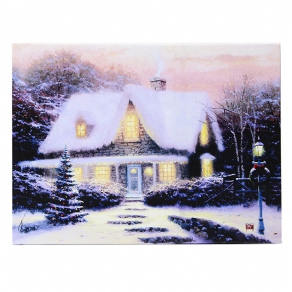 40 X 30cm Operado Navidad Led Snowy Cottage Xmas Canvas Print Wall Art