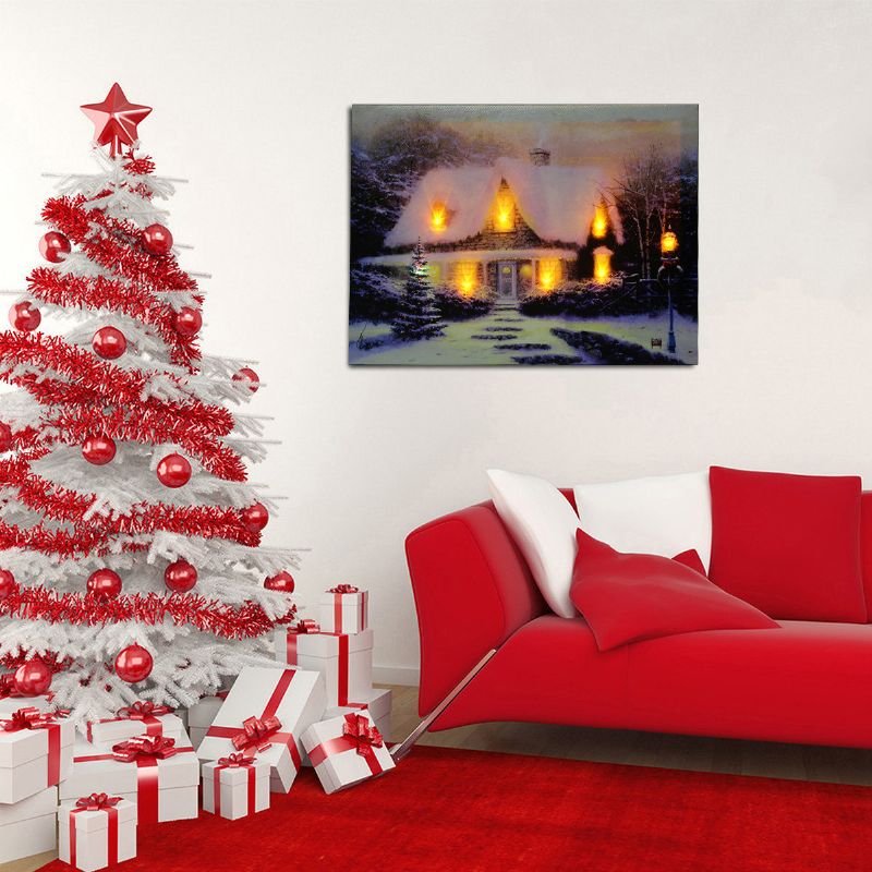 40 X 30cm Operado Navidad Led Snowy Cottage Xmas Canvas Print Wall Art