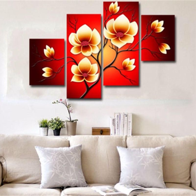 4pcs Pinturas Al Óleo Abstractas Modernas Flores Decoración De Pared Enorme Arte En Lienzo Sin Marco