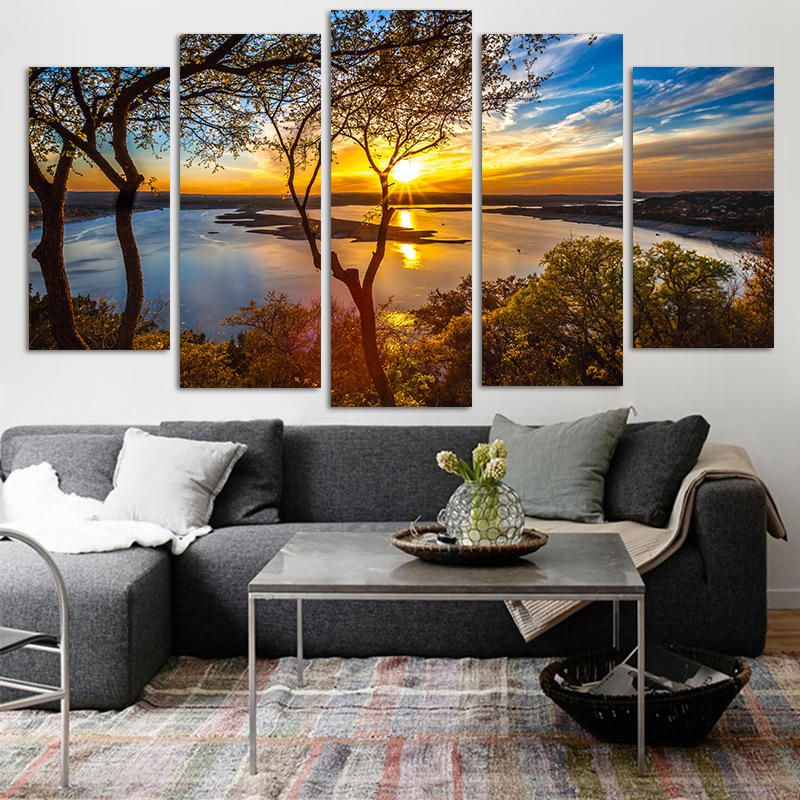 5 Paneles Lienzo Pintura Puesta De Sol Lago Árbol Paisaje Marino Paisaje Cartel Impresión Pared Arte Decoración Imagen