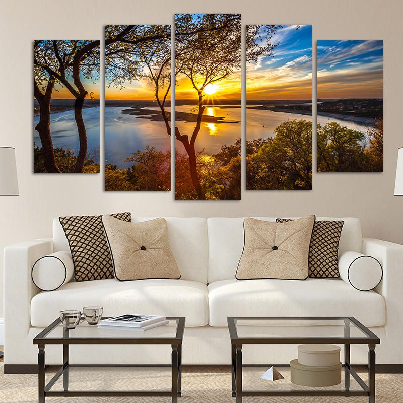 5 Paneles Lienzo Pintura Puesta De Sol Lago Árbol Paisaje Marino Paisaje Cartel Impresión Pared Arte Decoración Imagen