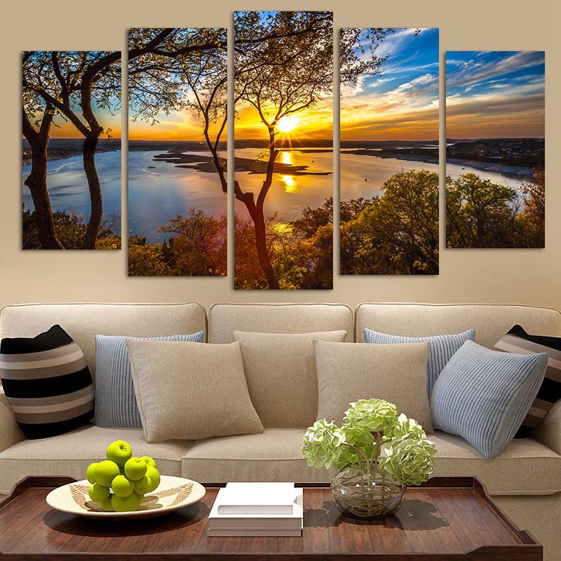 5 Paneles Lienzo Pintura Puesta De Sol Lago Árbol Paisaje Marino Paisaje Cartel Impresión Pared Arte Decoración Imagen