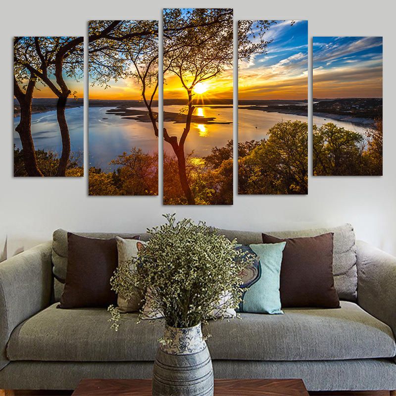 5 Paneles Lienzo Pintura Puesta De Sol Lago Árbol Paisaje Marino Paisaje Cartel Impresión Pared Arte Decoración Imagen