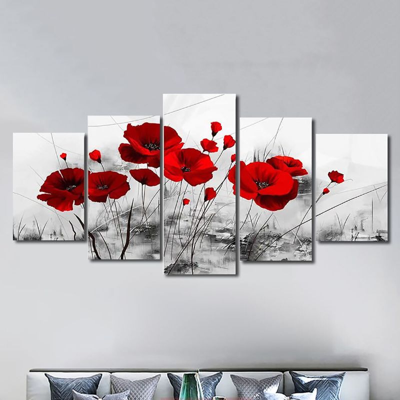 5 Piezas Lienzo De Pared Moderno Pintura Rojo Azul Púrpura Tinta Amapola Flor Decoración Del Hogar