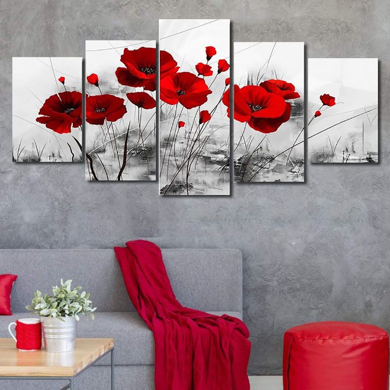 5 Piezas Lienzo De Pared Moderno Pintura Rojo Azul Púrpura Tinta Amapola Flor Decoración Del Hogar