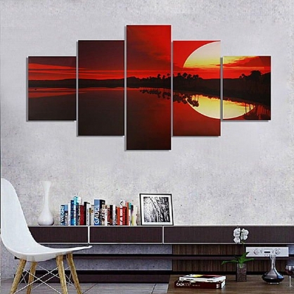 5 Uds. Lienzo Sin Marco Pintura Al Atardecer Rojo Imagen Junto Al Lago Arte De Pared Moderno Decoración Del Hogar