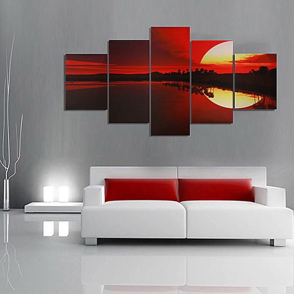 5 Uds. Lienzo Sin Marco Pintura Al Atardecer Rojo Imagen Junto Al Lago Arte De Pared Moderno Decoración Del Hogar