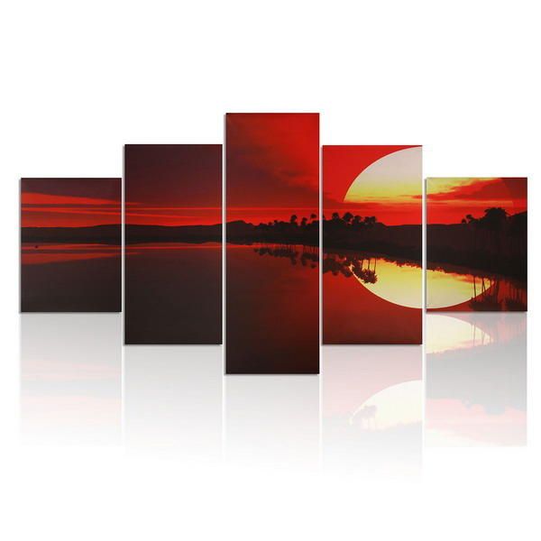 5 Uds. Lienzo Sin Marco Pintura Al Atardecer Rojo Imagen Junto Al Lago Arte De Pared Moderno Decoración Del Hogar