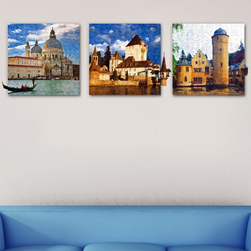 50x50cm 3 Uds Combinación De Pag Diy Pintura Sin Marco 3d Escena Pegatina Pinturas Al Óleo Paisaje Castillo Decoración De La Pared