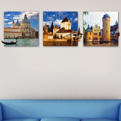 50x50cm 3 Uds Combinación De Pag Diy Pintura Sin Marco 3d Escena Pegatina Pinturas Al Óleo Paisaje Castillo Decoración De La Pared