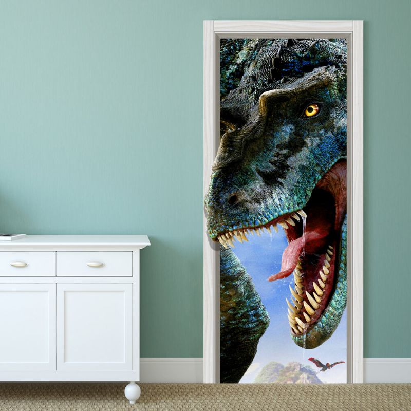 88x200cm Pag Puerta Imitación 3d Etiqueta De La Pared Fiery Dragon Tyrannosaurus Dinosaurio Decoración De La Pared Regalo