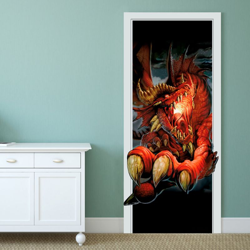 88x200cm Pag Puerta Imitación 3d Etiqueta De La Pared Fiery Dragon Tyrannosaurus Dinosaurio Decoración De La Pared Regalo