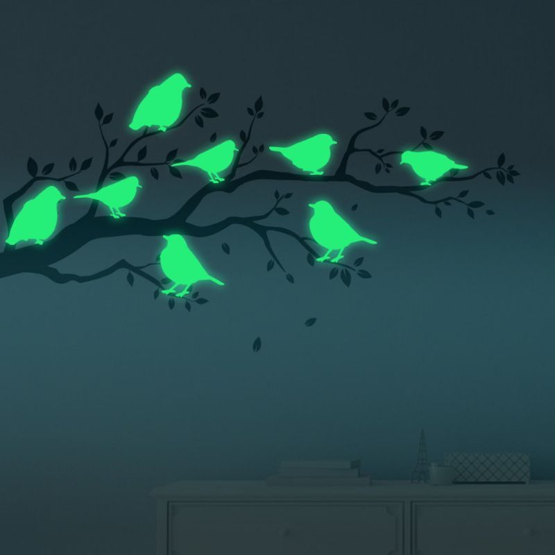 8pcs Pájaros Luminosos Fluorescentes Etiqueta De La Pared Decoración Del Dormitorio Del Hogar