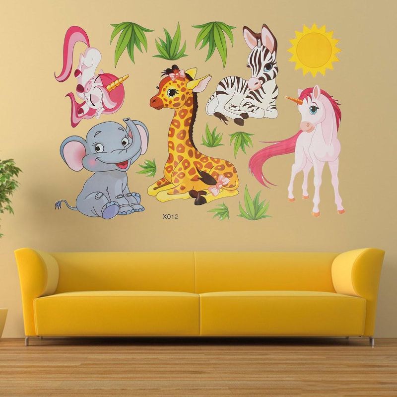 Animal De Dibujos Animados Elefante Jirafas Hierba Dormitorio Extraíble Etiqueta De La Pared Decoración Del Hogar