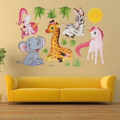 Animal De Dibujos Animados Elefante Jirafas Hierba Dormitorio Extraíble Etiqueta De La Pared Decoración Del Hogar