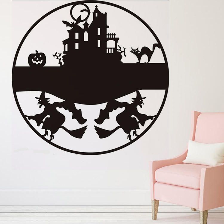 Feliz Halloween Bruja Castillo Gato Murciélago Calcomanías Ventana Etiqueta De La Pared Extraíble Suministros Para Fiestas Decoración Innovadora Etiqueta De Pared Tallada En Negro Vinilo Arte De La Etiqueta Decoración