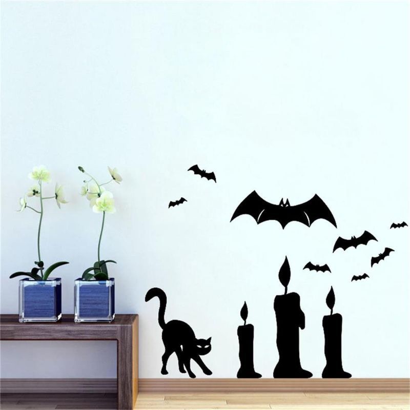 Halloween Bat Cat Vela Diy Etiqueta De La Pared Extraíble Pvc Fondos De Pantalla Vinilo Art Decal Decoración Pegatinas Impermeables Hogar Hogar Etiqueta De La Pared Póster Decoración Mural Para El Dormitorio Sala De Estar