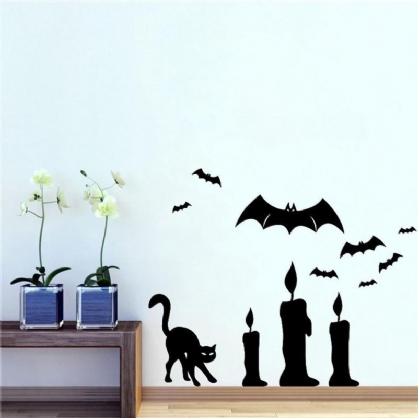 Halloween Bat Cat Vela Diy Etiqueta De La Pared Extraíble Pvc Fondos De Pantalla Vinilo Art Decal Decoración Pegatinas Impermeables Hogar Hogar Etiqueta De La Pared Póster Decoración Mural Para El Dormitorio Sala De Estar