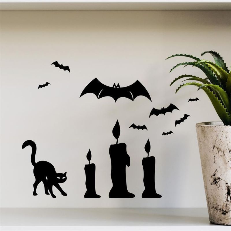 Halloween Bat Cat Vela Diy Etiqueta De La Pared Extraíble Pvc Fondos De Pantalla Vinilo Art Decal Decoración Pegatinas Impermeables Hogar Hogar Etiqueta De La Pared Póster Decoración Mural Para El Dormitorio Sala De Estar