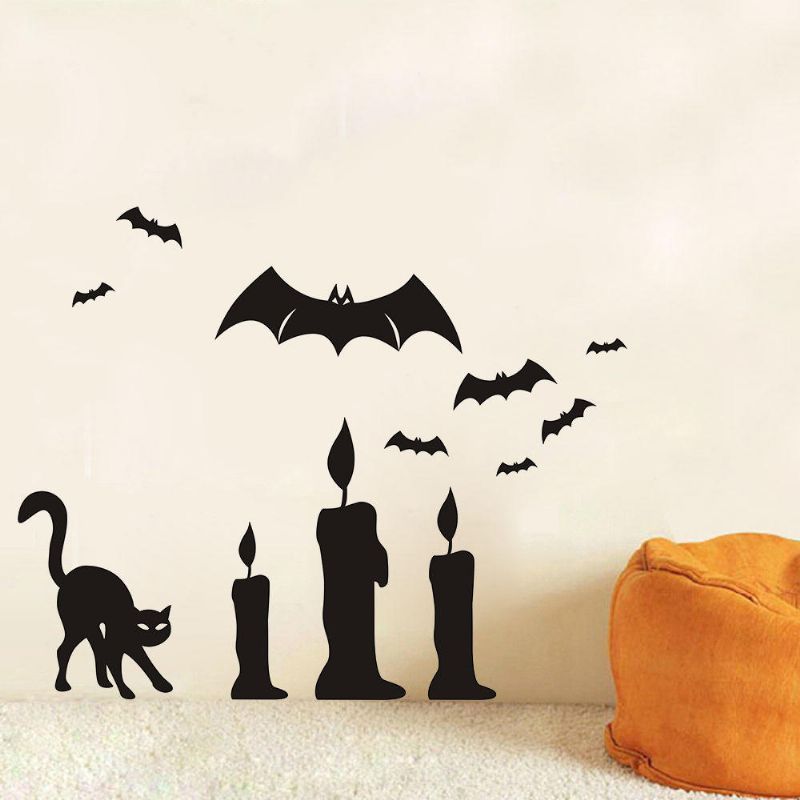 Halloween Bat Cat Vela Diy Etiqueta De La Pared Extraíble Pvc Fondos De Pantalla Vinilo Art Decal Decoración Pegatinas Impermeables Hogar Hogar Etiqueta De La Pared Póster Decoración Mural Para El Dormitorio Sala De Estar