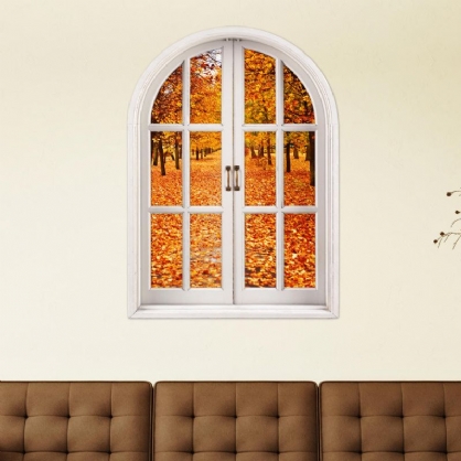 Hojas De Otoño 3d Ventana Artificial Vista 3d Tatuajes De Pared Habitación Pag Pegatinas Decoración De La Pared Del Hogar Regalo