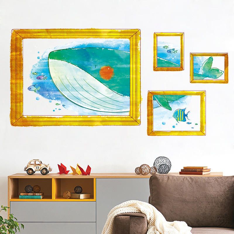 Lovely Cartoon Whale Watch Frame Habitación De Los Niños Decorada Pegatinas De Pared Cálidas 50 * 70cm