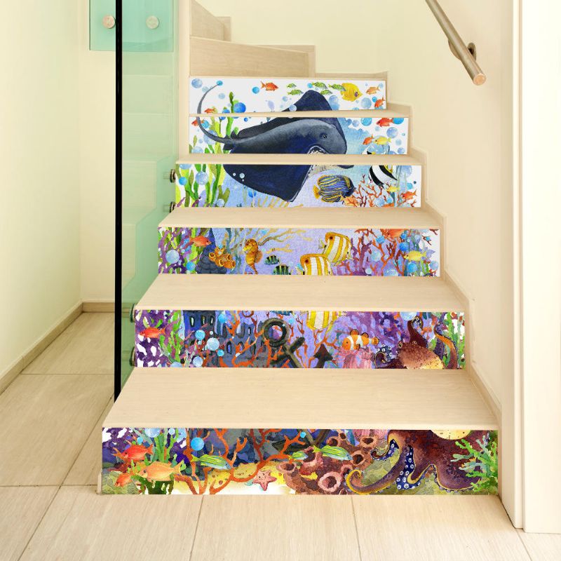 Miico 6pcs Set Creative Cartoon Blue Undersea Stair Sticker Home Decor Sticker