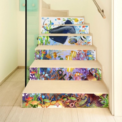 Miico 6pcs Set Creative Cartoon Blue Undersea Stair Sticker Home Decor Sticker