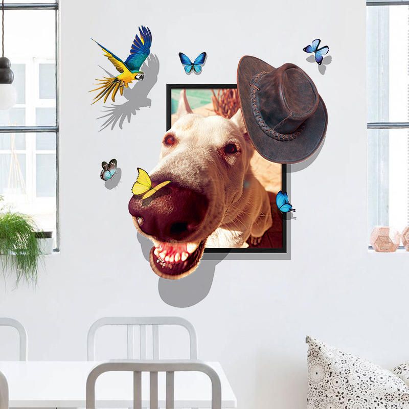 Miico Creative 3d Dog Wear Cap Bird Butterfly Frame Pvc Extraíble Hogar Habitación Decorativa Pared Piso Decoración Pegatina