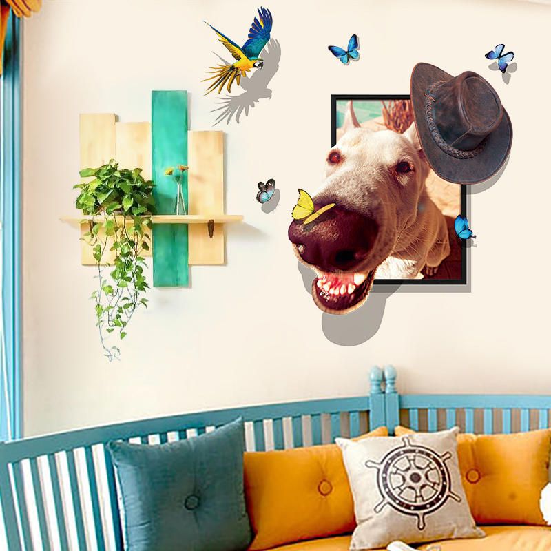 Miico Creative 3d Dog Wear Cap Bird Butterfly Frame Pvc Extraíble Hogar Habitación Decorativa Pared Piso Decoración Pegatina