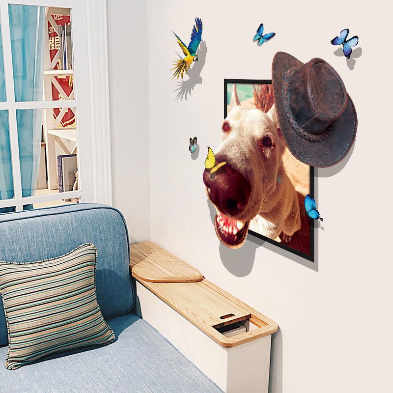 Miico Creative 3d Dog Wear Cap Bird Butterfly Frame Pvc Extraíble Hogar Habitación Decorativa Pared Piso Decoración Pegatina