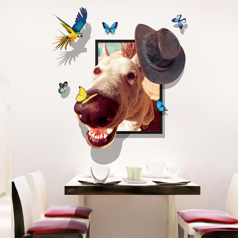 Miico Creative 3d Dog Wear Cap Bird Butterfly Frame Pvc Extraíble Hogar Habitación Decorativa Pared Piso Decoración Pegatina