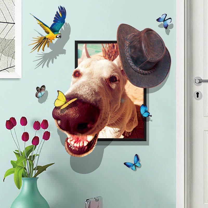 Miico Creative 3d Dog Wear Cap Bird Butterfly Frame Pvc Extraíble Hogar Habitación Decorativa Pared Piso Decoración Pegatina