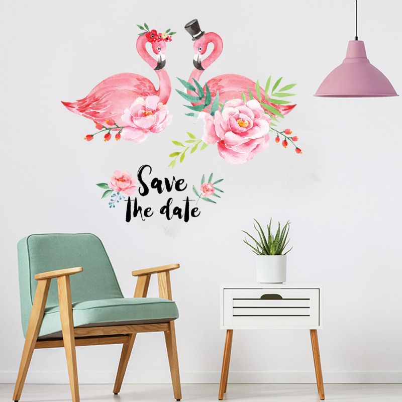 Miico Creative Pink Love Couple Flamingo Flower Pvc Extraíble Home Room Decoración Decorativa Pegatina