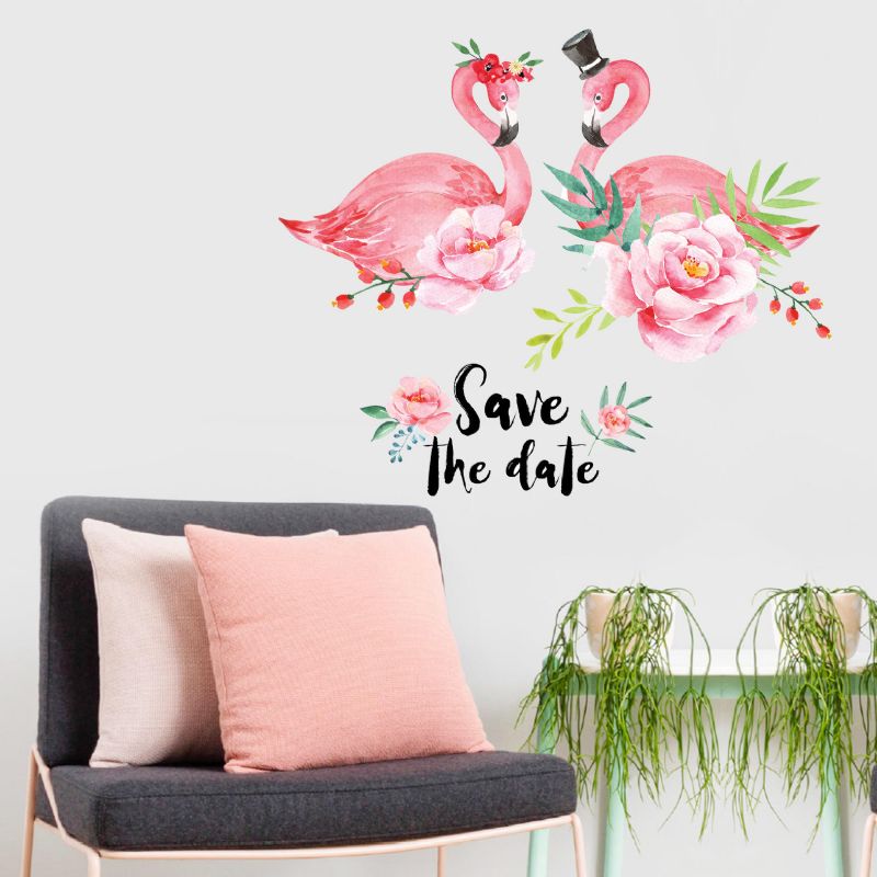 Miico Creative Pink Love Couple Flamingo Flower Pvc Extraíble Home Room Decoración Decorativa Pegatina