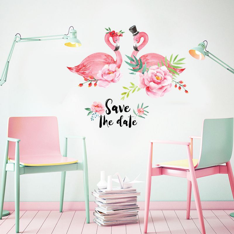 Miico Creative Pink Love Couple Flamingo Flower Pvc Extraíble Home Room Decoración Decorativa Pegatina