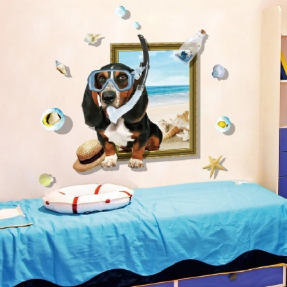 Miico Creativo 3d Dibujos Animados Verano Buceo Perro Marco Pvc Extraíble Hogar Habitación Decorativa Pared Piso Decoración Pegatina