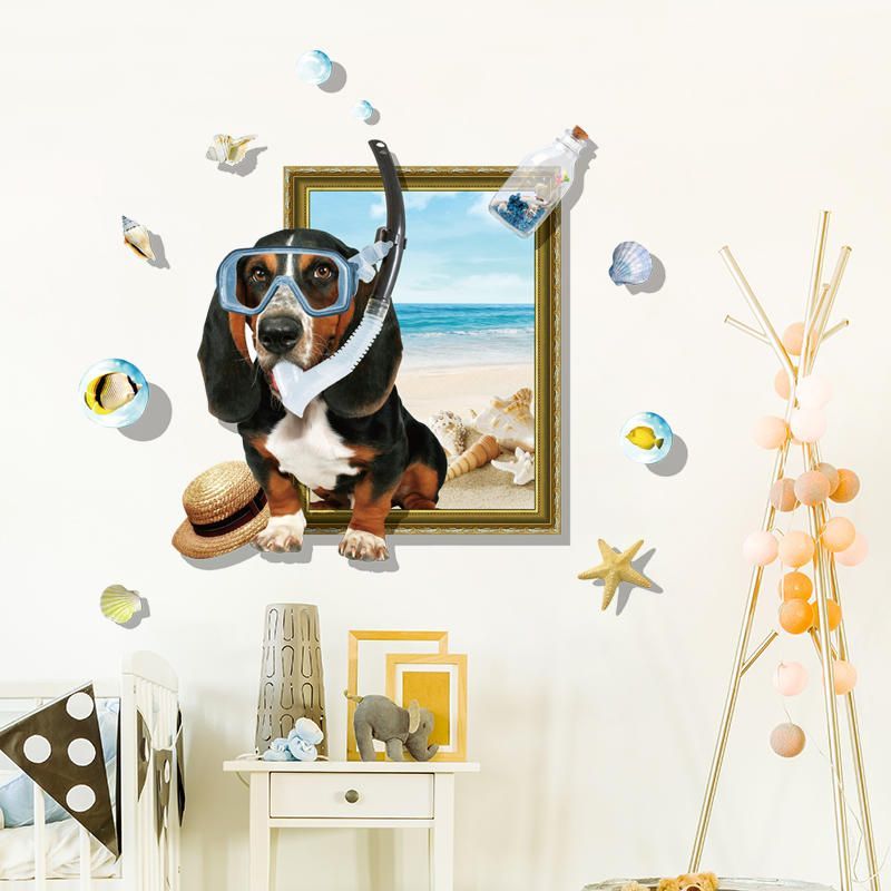 Miico Creativo 3d Dibujos Animados Verano Buceo Perro Marco Pvc Extraíble Hogar Habitación Decorativa Pared Piso Decoración Pegatina