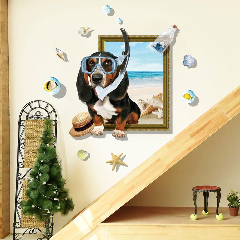 Miico Creativo 3d Dibujos Animados Verano Buceo Perro Marco Pvc Extraíble Hogar Habitación Decorativa Pared Piso Decoración Pegatina