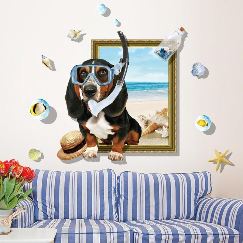 Miico Creativo 3d Dibujos Animados Verano Buceo Perro Marco Pvc Extraíble Hogar Habitación Decorativa Pared Piso Decoración Pegatina