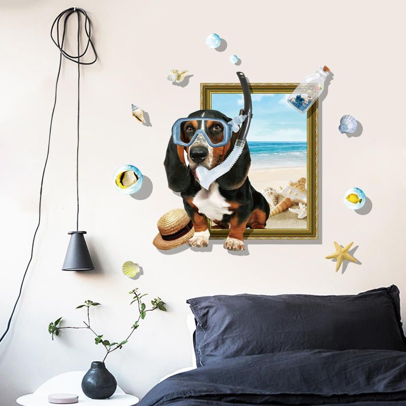 Miico Creativo 3d Dibujos Animados Verano Buceo Perro Marco Pvc Extraíble Hogar Habitación Decorativa Pared Piso Decoración Pegatina