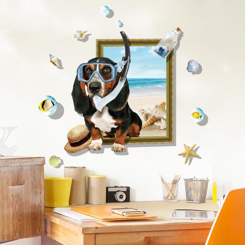 Miico Creativo 3d Dibujos Animados Verano Buceo Perro Marco Pvc Extraíble Hogar Habitación Decorativa Pared Piso Decoración Pegatina