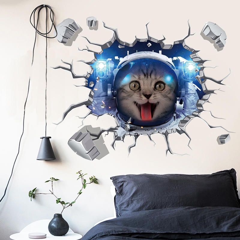 Miico Creativo 3d Espacio Astronauta Gato Pared Rota Pvc Extraíble Hogar Habitación Decorativa Pared Piso Decoración Pegatina