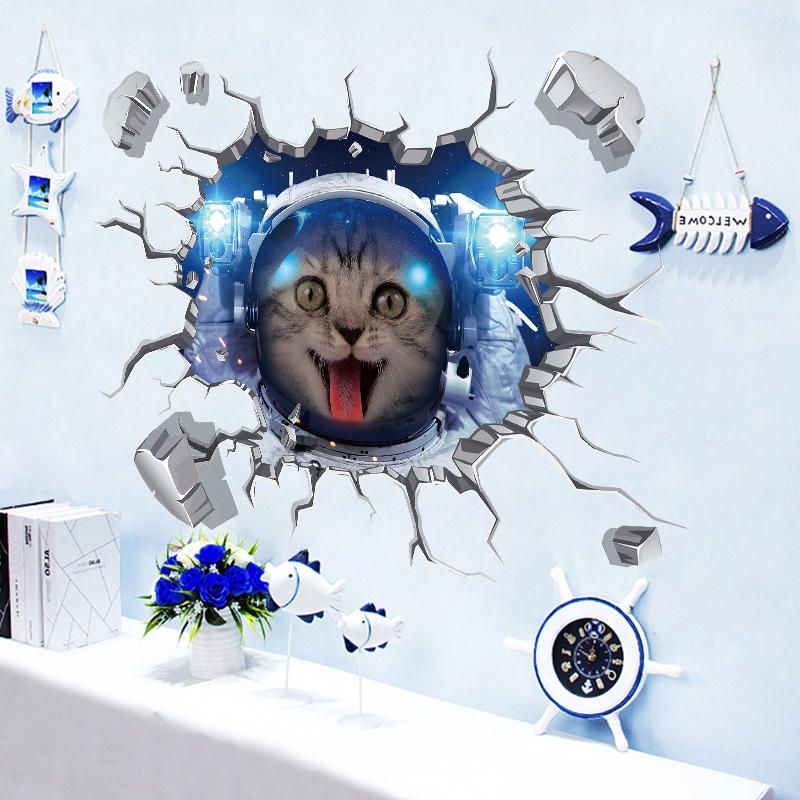 Miico Creativo 3d Espacio Astronauta Gato Pared Rota Pvc Extraíble Hogar Habitación Decorativa Pared Piso Decoración Pegatina