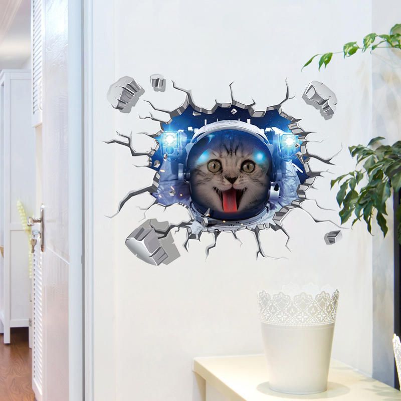 Miico Creativo 3d Espacio Astronauta Gato Pared Rota Pvc Extraíble Hogar Habitación Decorativa Pared Piso Decoración Pegatina