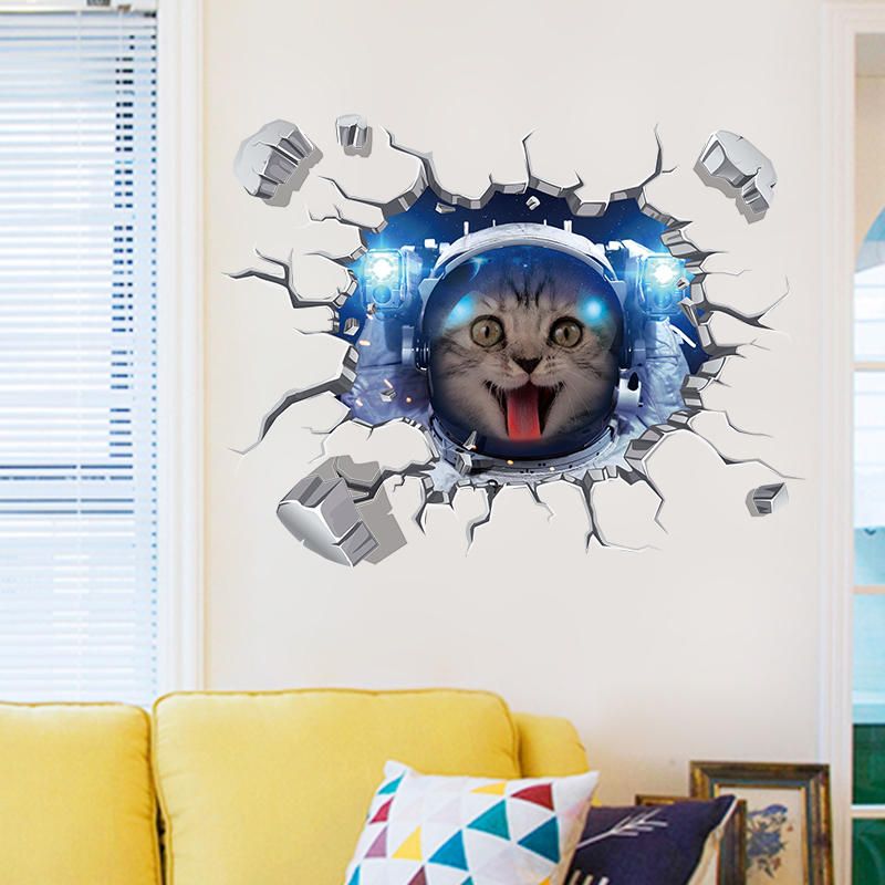 Miico Creativo 3d Espacio Astronauta Gato Pared Rota Pvc Extraíble Hogar Habitación Decorativa Pared Piso Decoración Pegatina