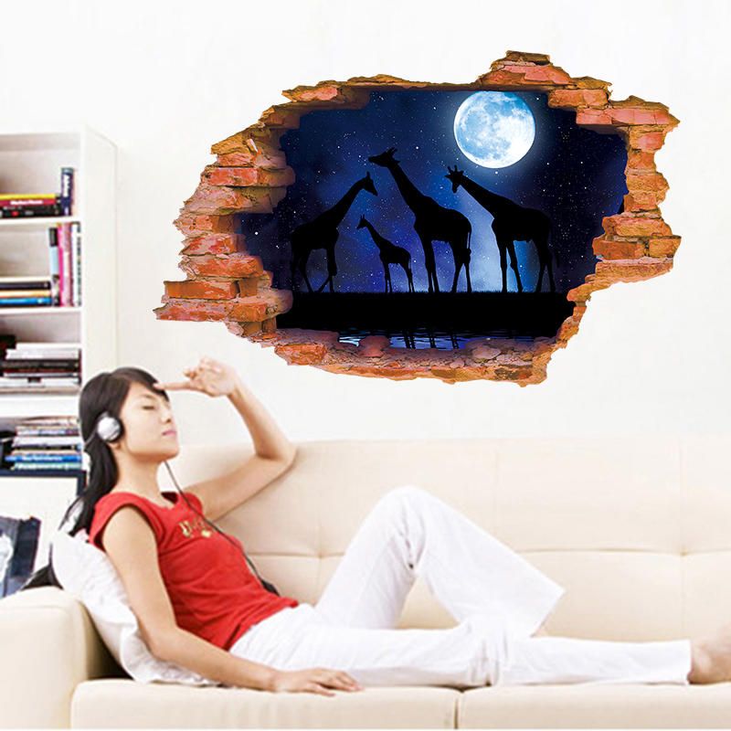 Miico Creativo 3d Luna Noche Jirafa Pared Rota Extraíble Hogar Habitación Decorativa Pared Piso Decoración Pegatina