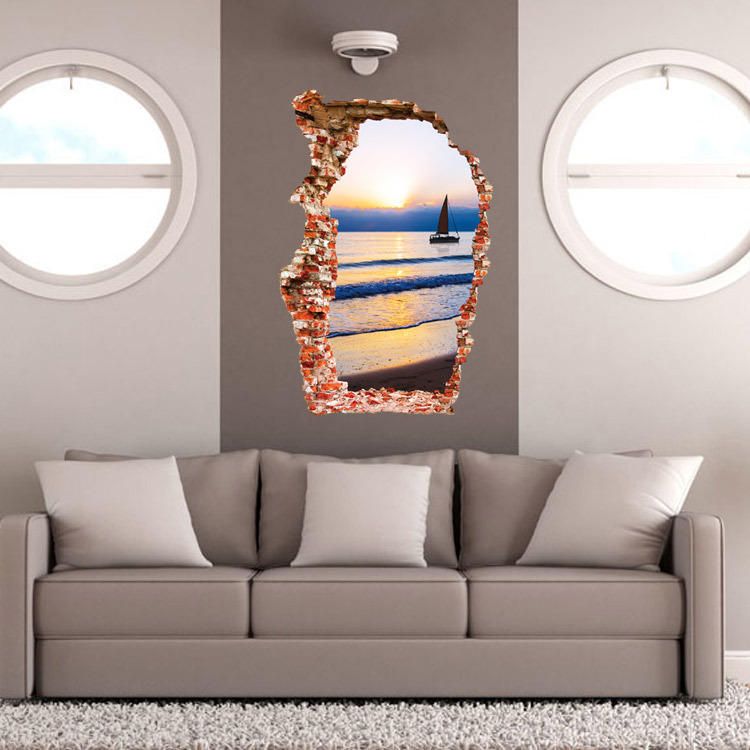 Miico Creativo 3d Mar Puesta De Sol Pared Rota Extraíble Hogar Habitación Decorativa Pared Puerta Decoración Pegatina