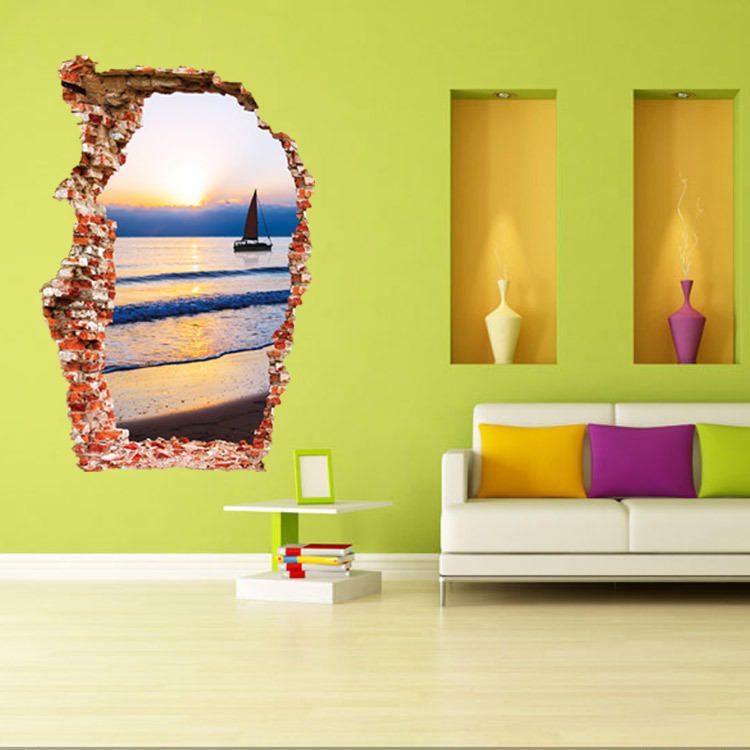 Miico Creativo 3d Mar Puesta De Sol Pared Rota Extraíble Hogar Habitación Decorativa Pared Puerta Decoración Pegatina